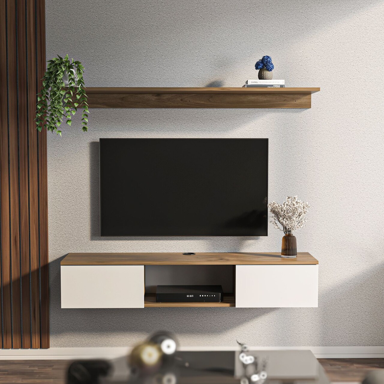 Comoda TV, Hanah Home, Elia, 140x25.6x32 cm, Nuc/Alb - imagine 6